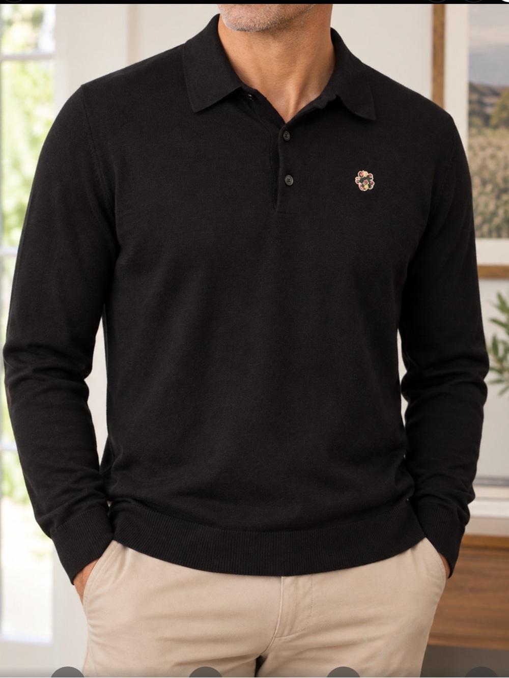 Ted Baker Wembley Black Wool Knit Polo Men’s XXLg Size 6 Long Sleeve